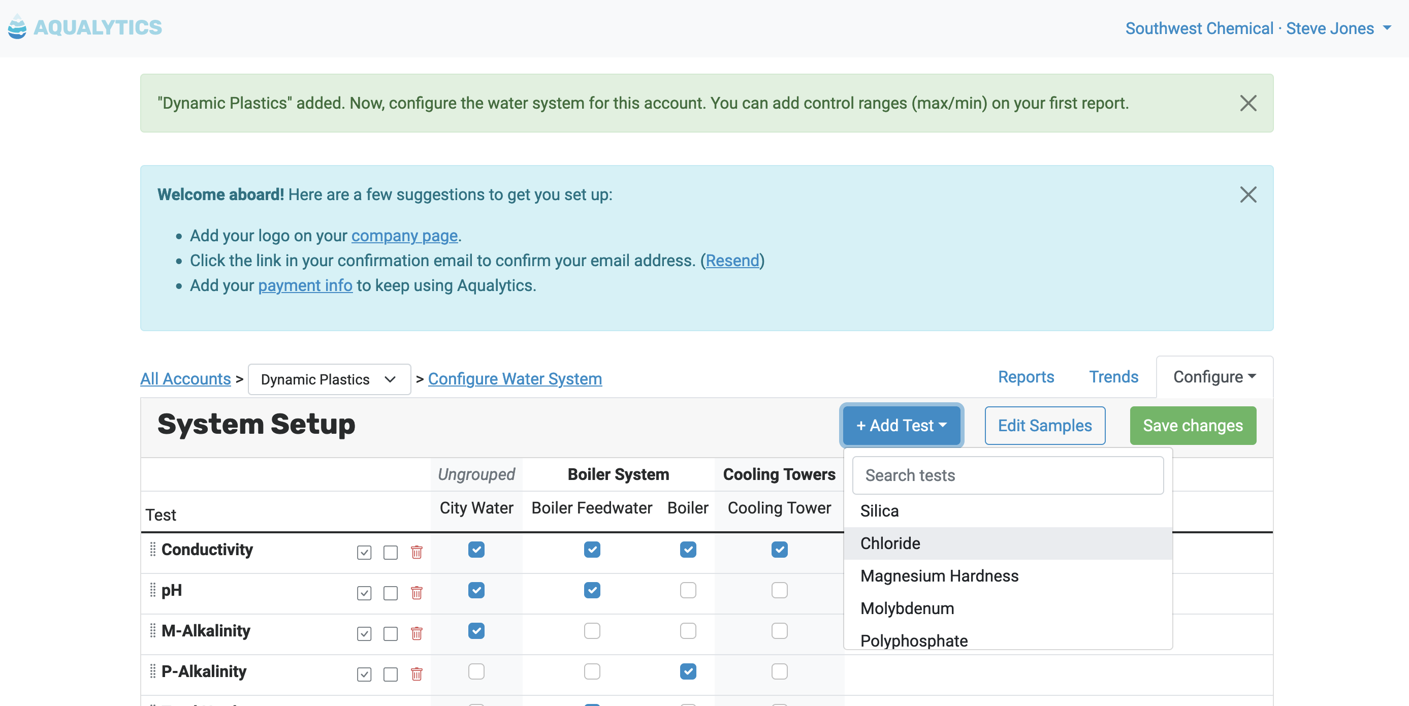 Configuring water treatment tests for reporting in Aqualytics