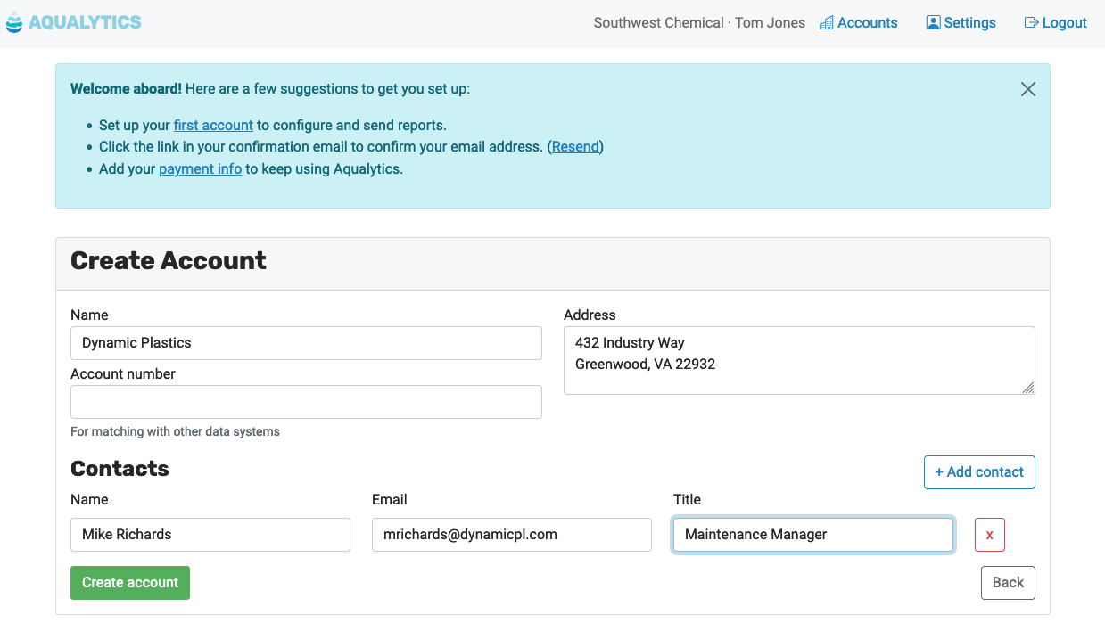 Adding an account for reporting in Aqualytics