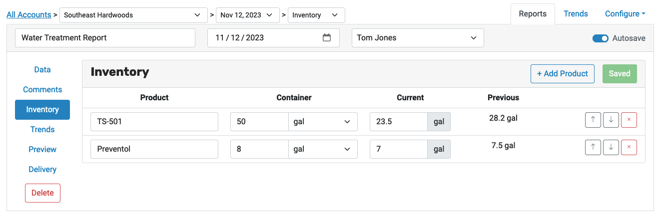 Tracking water treatment chemical inventory in Aqualytics