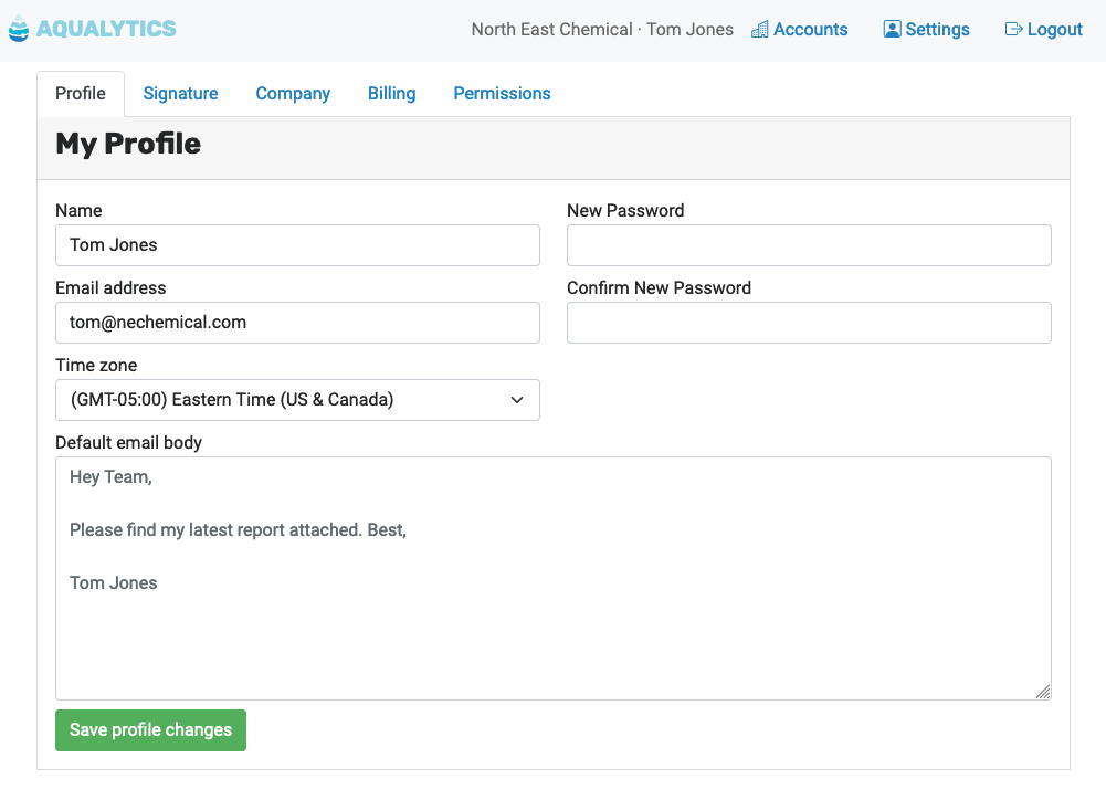 Updating your profile signature in Aqualytics