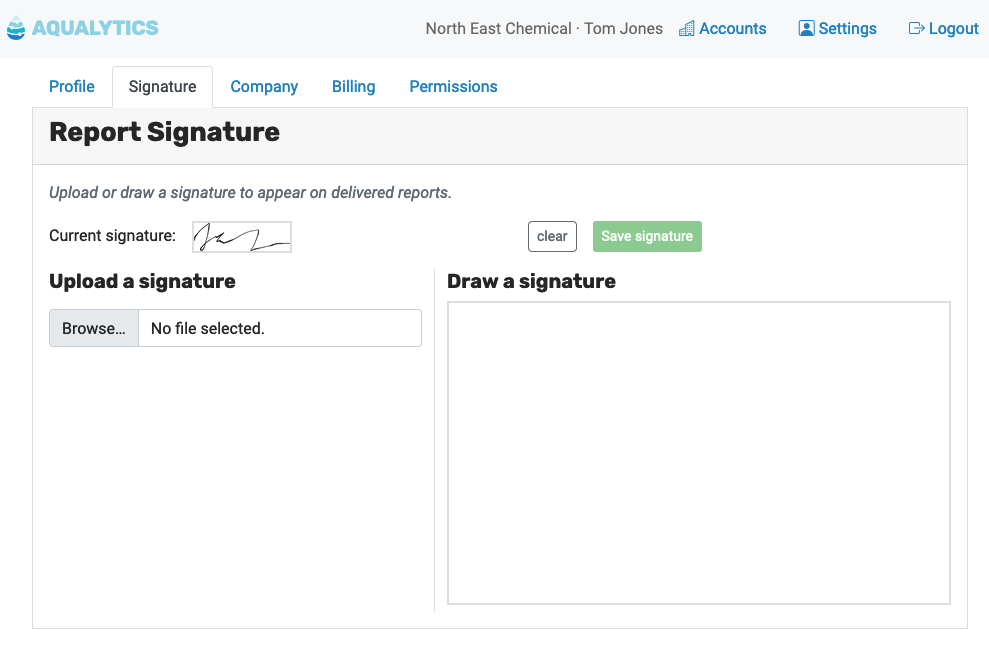 Uploading your signature in Aqualytics